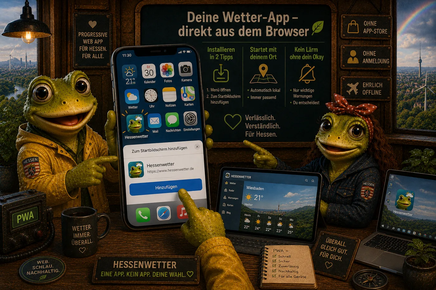 Anna und Lukas, die beiden Hessenwetter-Frösche, zeigen auf einem großen Smartphone den Dialog „Zum Startbildschirm hinzufügen