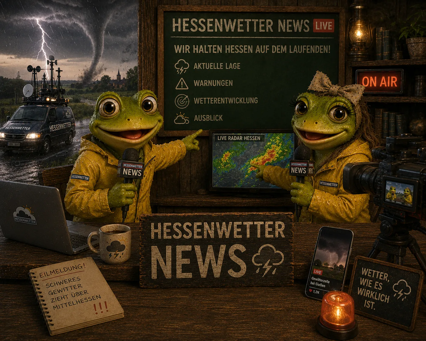 Anna und Lukas, die beiden Hessenwetter-Frösche, als Live-Reporter im Regen-Outfit vor einer Tafel „Hessenwetter News LIVE“ mit Live-Radar Hessen und der Eilmeldung „Schweres Gewitter zieht über Mittelhessen“.
