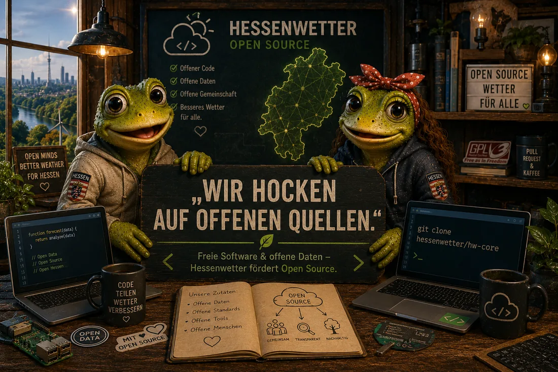 Zwei Hessenwetter-Frösche halten ein Schild mit dem Motto „Wir hocken auf offenen Quellen.