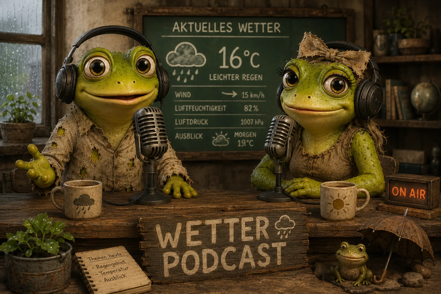 Die beiden Hessenwetter-Wetterfrösche Anna und Lukas mit Kopfhörern an Vintage-Mikrofonen im Studio, daneben ein Wetter-Podcast-Schild und ON-AIR-Leuchte