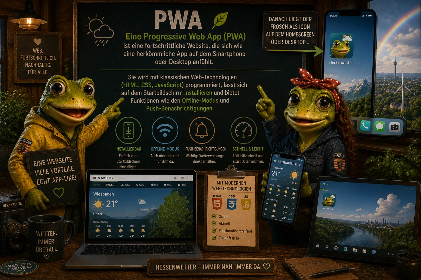 Anna und Lukas erklären an einer Tafel, was eine Progressive Web App ist: installierbar, Offline-Modus, Push-Benachrichtigungen, schnell und leicht — gebaut mit HTML, CSS und JavaScript; daneben Laptop, Tablet und Smartphones mit der Hessenwetter-App und dem Frosch-Icon auf dem Homescreen.