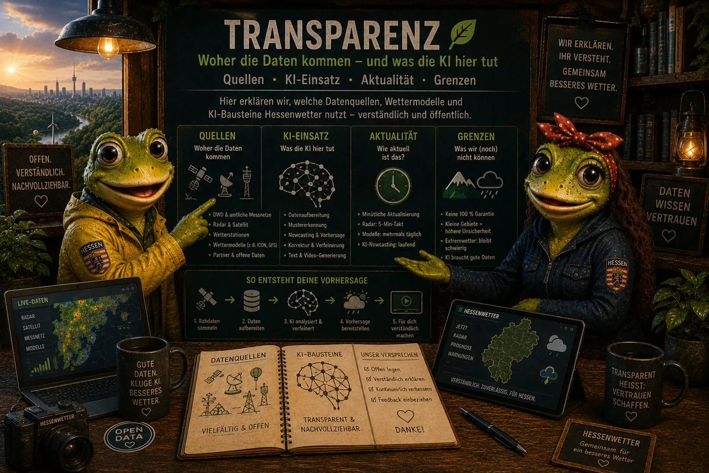 Anna und Lukas, die beiden Hessenwetter-Frösche, erklären vor einer Tafel „Transparenz — woher die Daten kommen und was die KI hier tut
